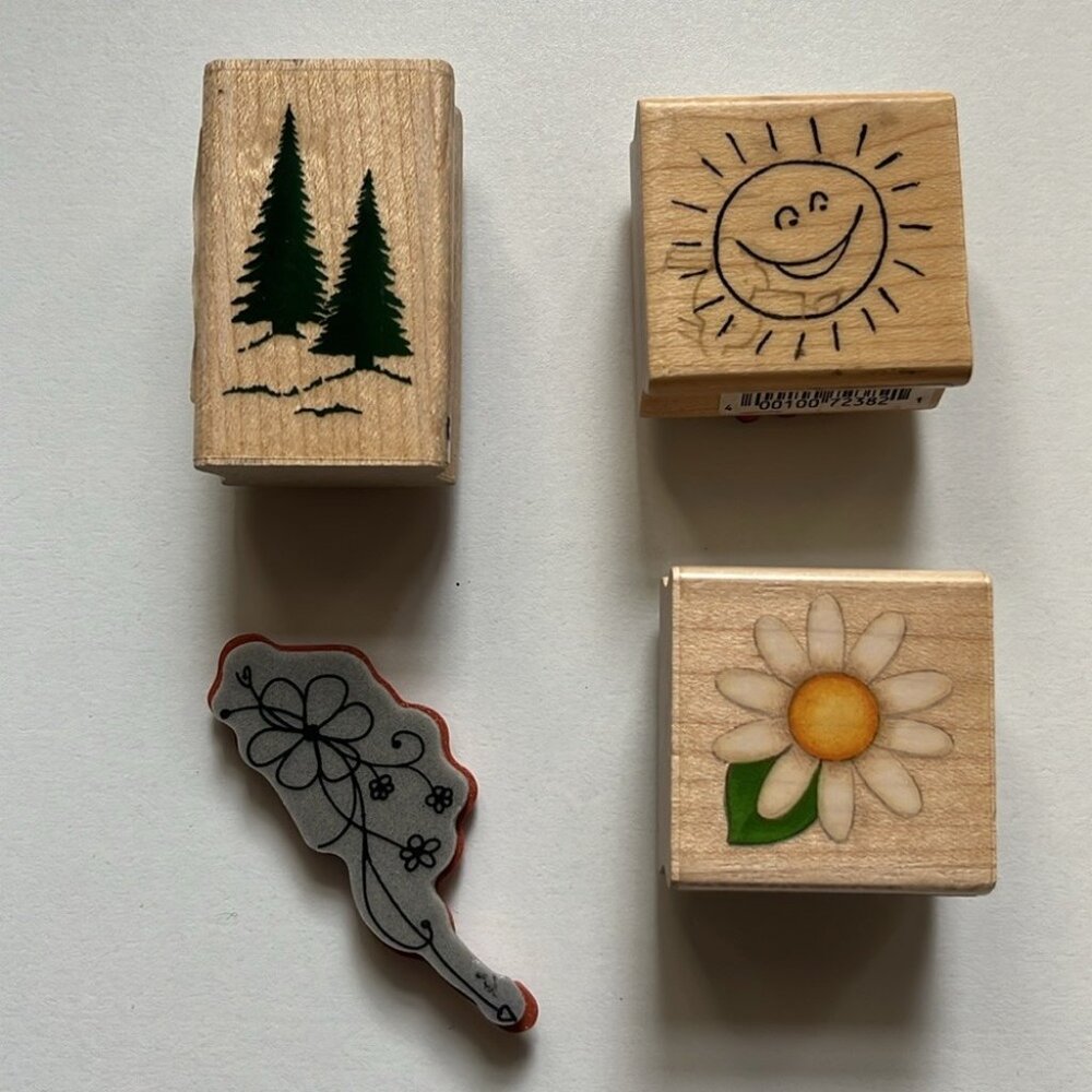 Set of 4 Nature-Themed Wooden Rubber Stamps – Ideal for Crafting & Scrapbooking